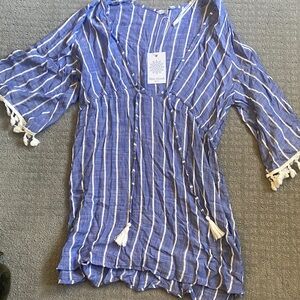 NWT blue island Blue & White Striped Tassel Cover-Up Size L